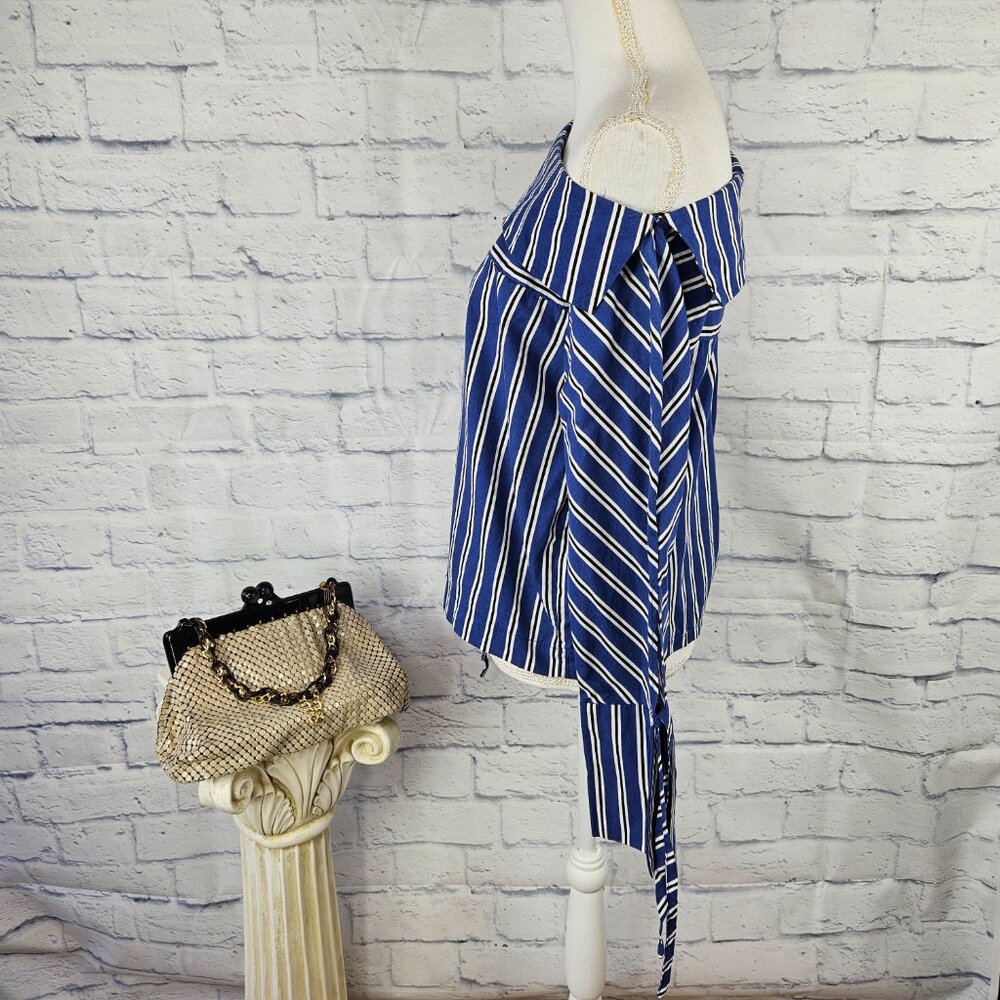 Topshop Sz 4 US Blue Black Striped One Shoulder Tie Sleeve Top Blouse FLAW READ - Picture 4 of 13